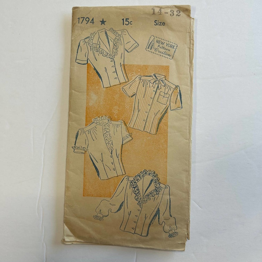Vintage 1940's New York Pattern #1794 Blouses Size 14-32
